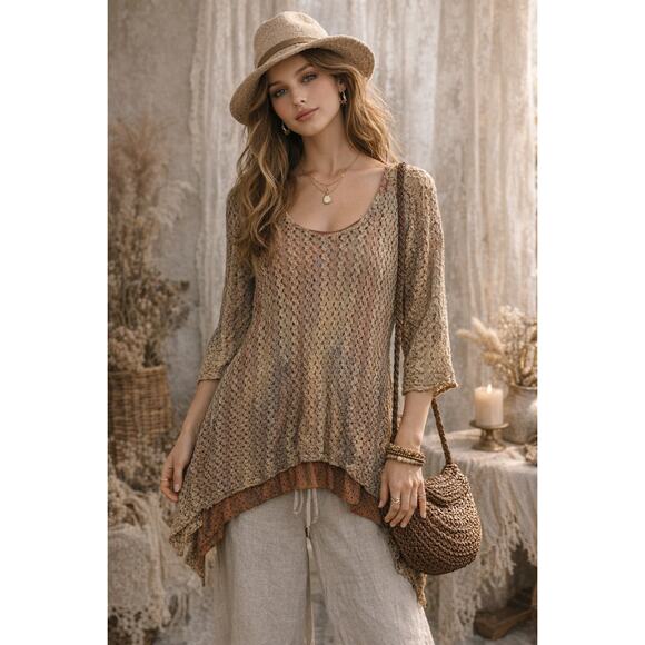 indigo soul Tops - Indigo Soul Gypsy Crochet Tunic Top XL Boho Lagenlook Layered Sharkbite Hem